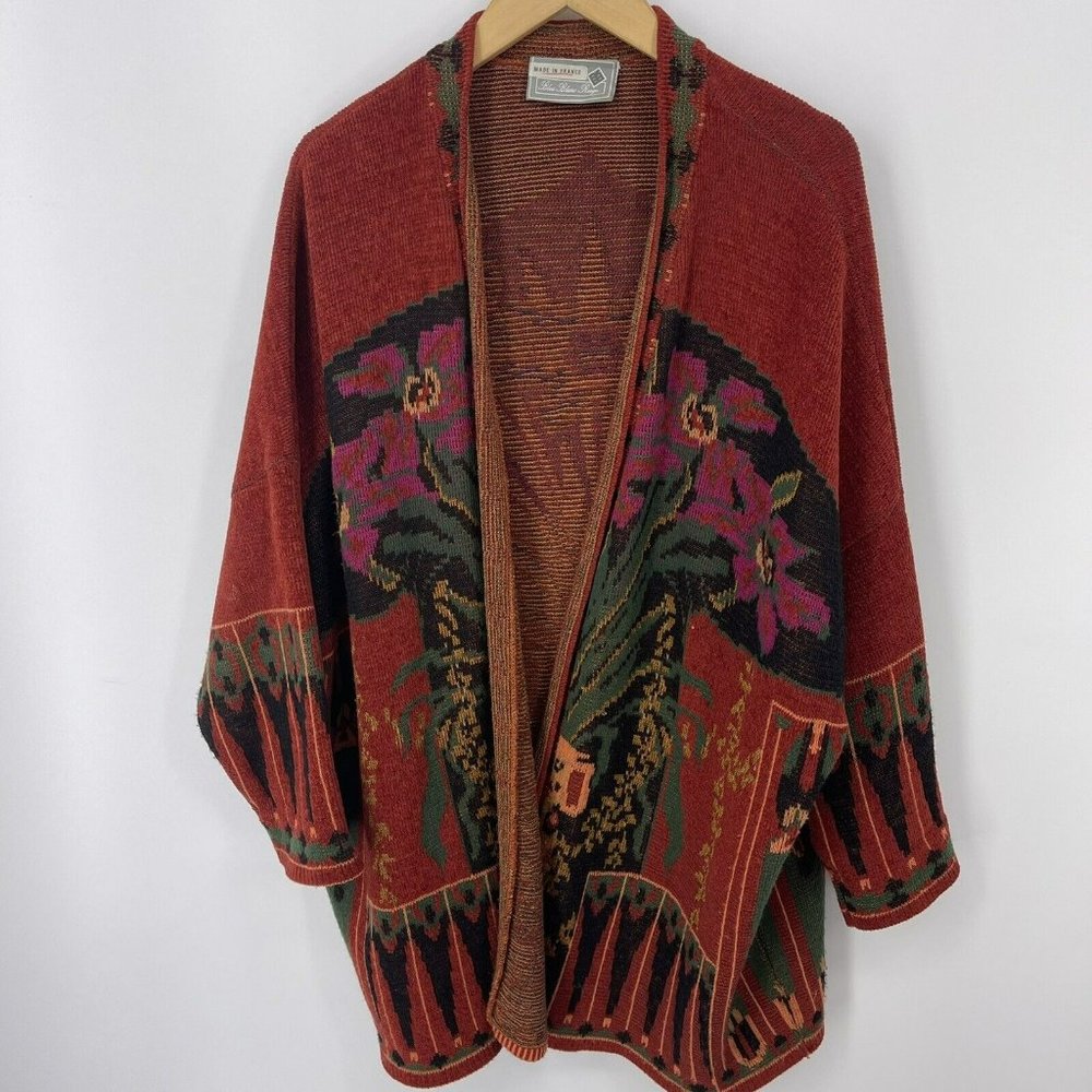 Bleu Blanc Rouge Floral Knit Sweater Womens Large Wool Rabbit Blend Cardigan VTG